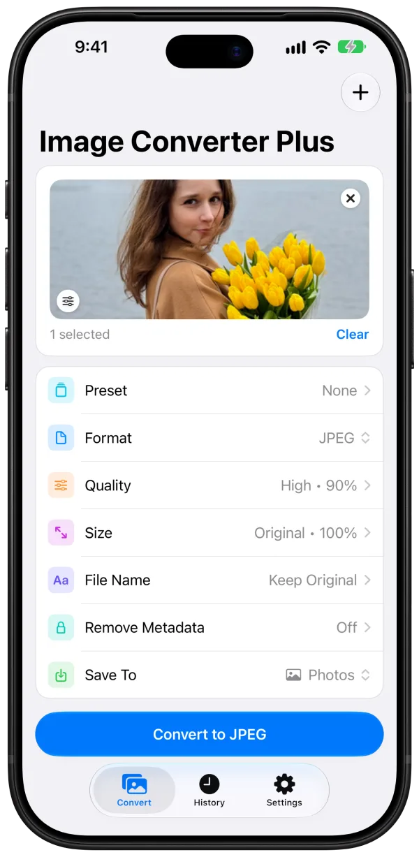 The Convert screen with a photo selected and options for preset, format, quality, size, file name, metadata, and destination.