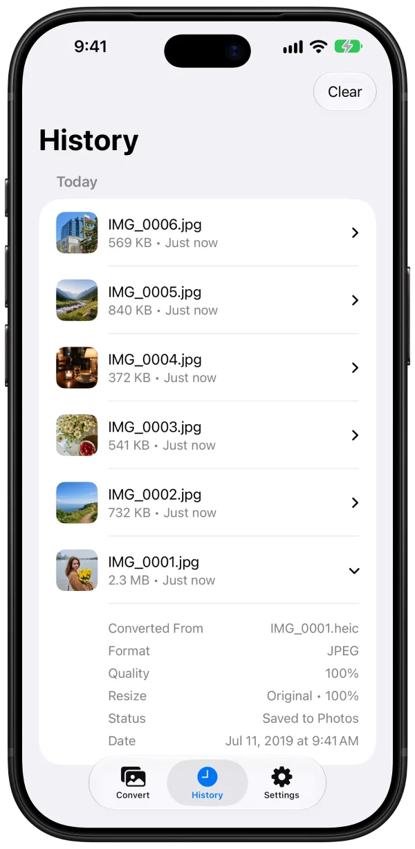 The History screen listing recently converted photos and their file sizes.