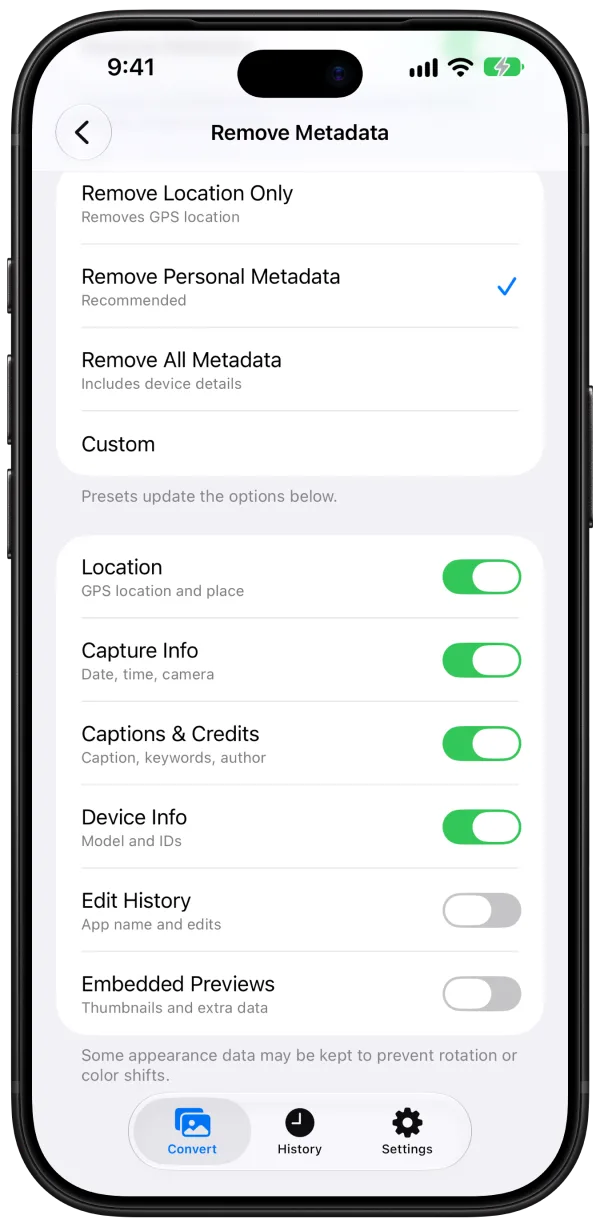 The Remove Metadata screen with switches for location, capture info, captions and credits, device info, edit history, and embedded previews.