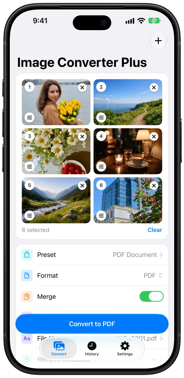 Six photos selected and set to merge into one PDF.